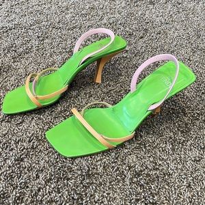 FENDI women’s sandals w/ kitten heels, Sz 37, Green/Pink/Orange, Made in Italy